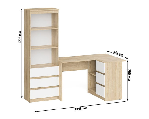 Стеллаж-комод три ящика Мори МСТ-600 с угловым компьютерным столом МС-16 тумба справа дуб сонома/белый