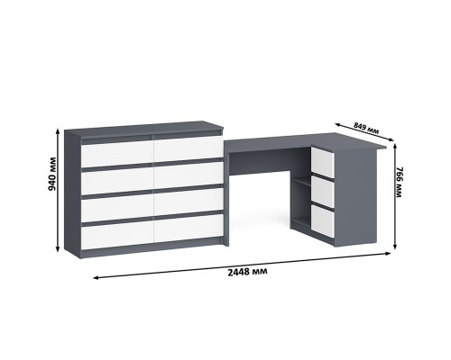 Компьютерный стол МС-16 правый с комодом МК1200 8 ящиков Мори графит/белый