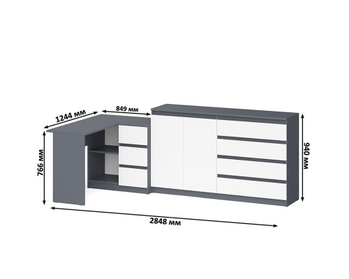 Стол угловой компьютерный МС-16 правый с комодом-тумбой МК-1600 Мори графит/белый