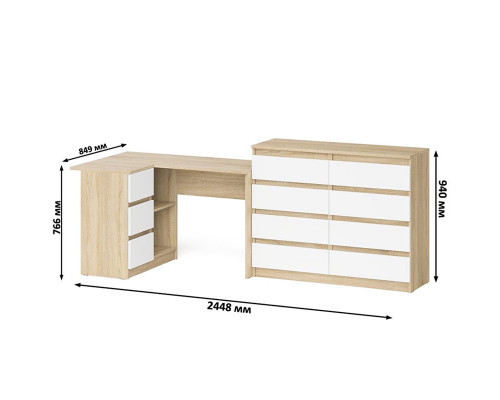Стол компьютерный МС-16 левый с комодом МК1200 8-мь ящиков Мори дуб сонома/белый