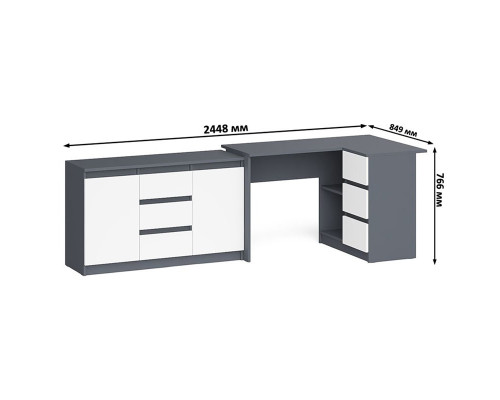 Комод-тумба три ящика и две дверки по бокам Мори МК1200.3 и компьютерный стол МС-16 правый графит/белый