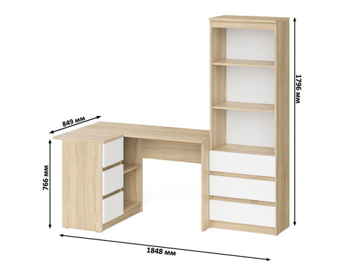 Стеллаж-комод Мори МСТ600 3 ящика и стол угловой компьютерный МС-16 левый дуб сонома/белый